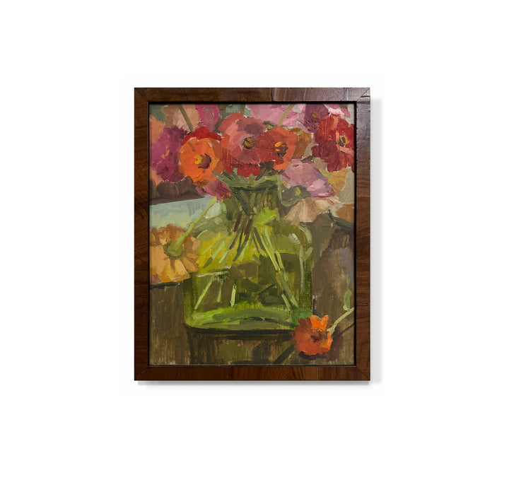 "Zinnias in Green Vase"