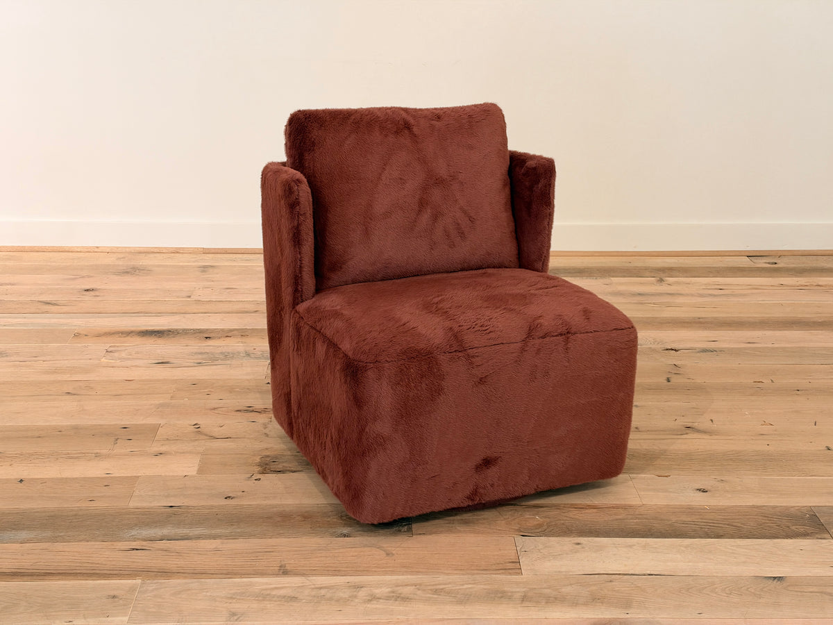 Montauk Swivel Chair in Polar Bordeaux, three-quarter view