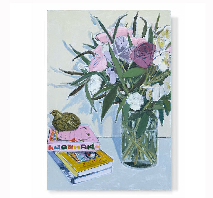"A Bird, Some Books, and a Bouquet"