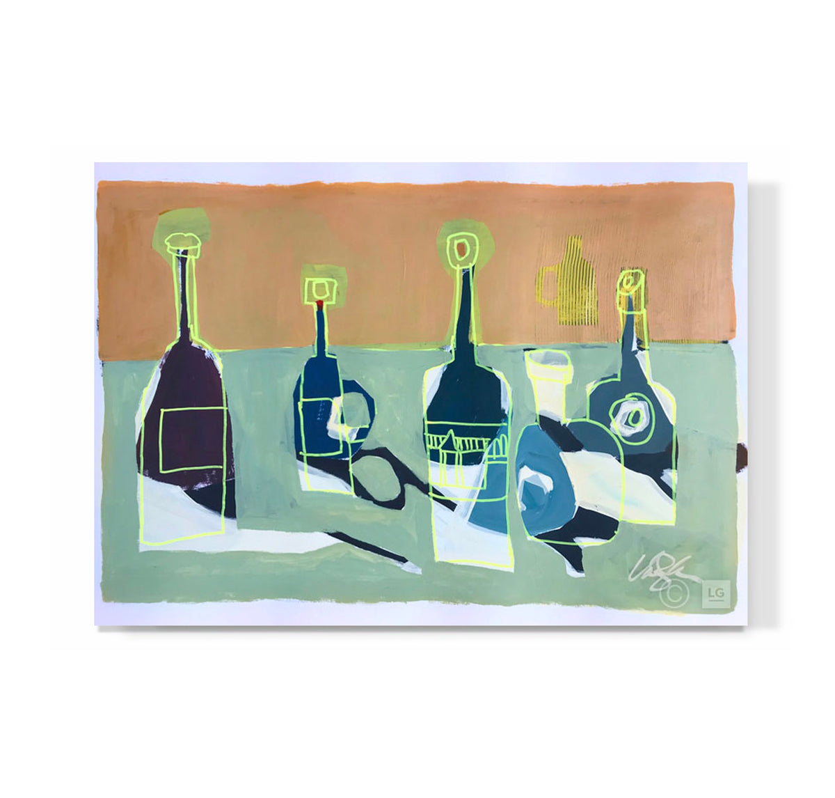 "Five Bottles on Green Table"