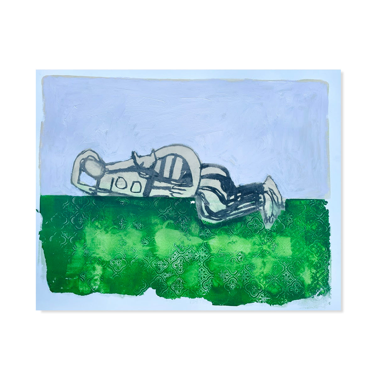 "Woman Lying in Green Grass with Cat"