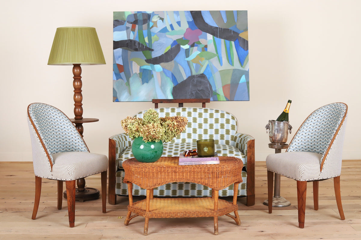 Pair of French Art Deco chairs c. 1920 in Jessica Osborne Barney Sky, styled on a wood floor