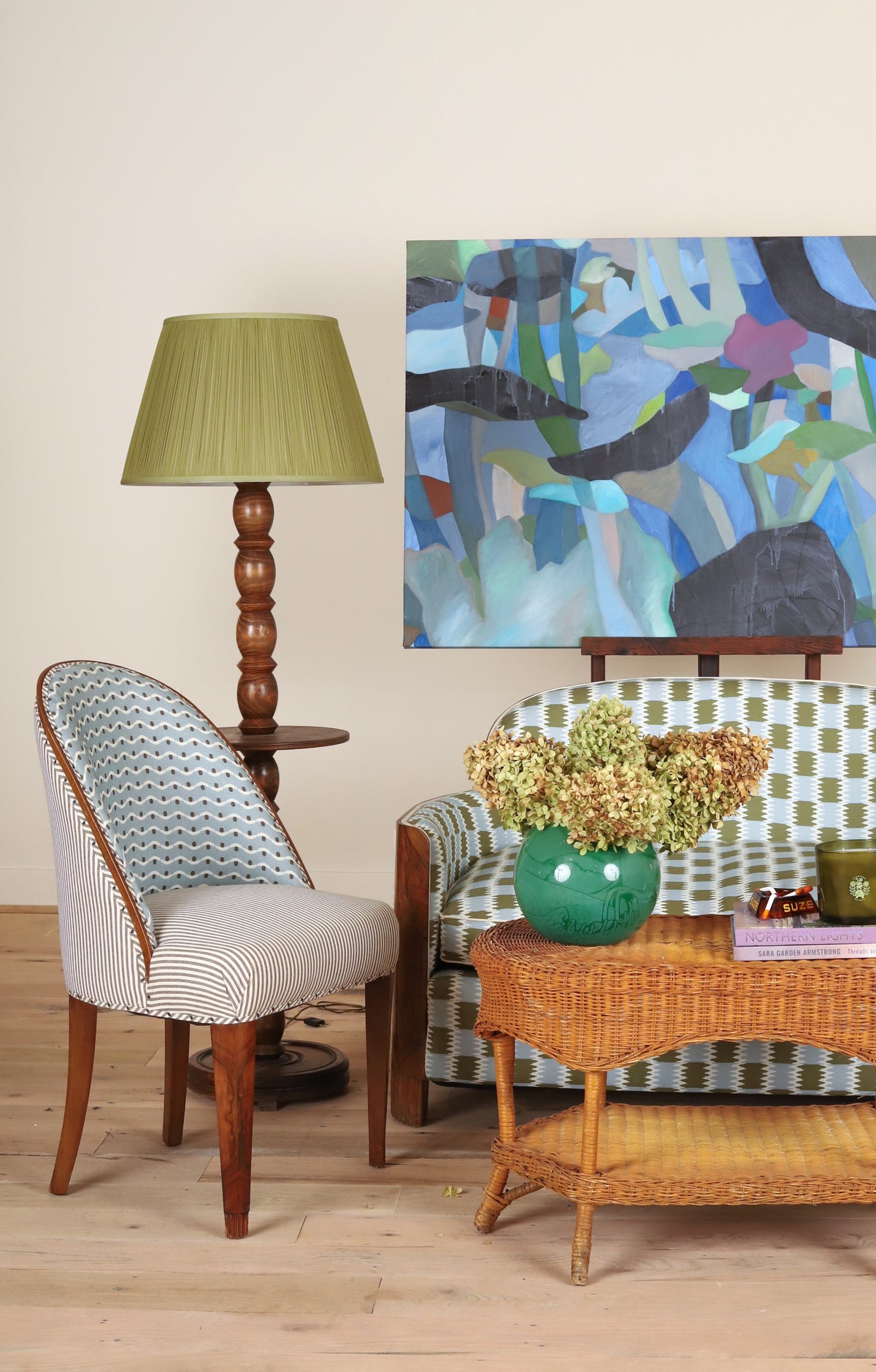 French Art Deco chair in Jessica Osborne Barney Sky, side view