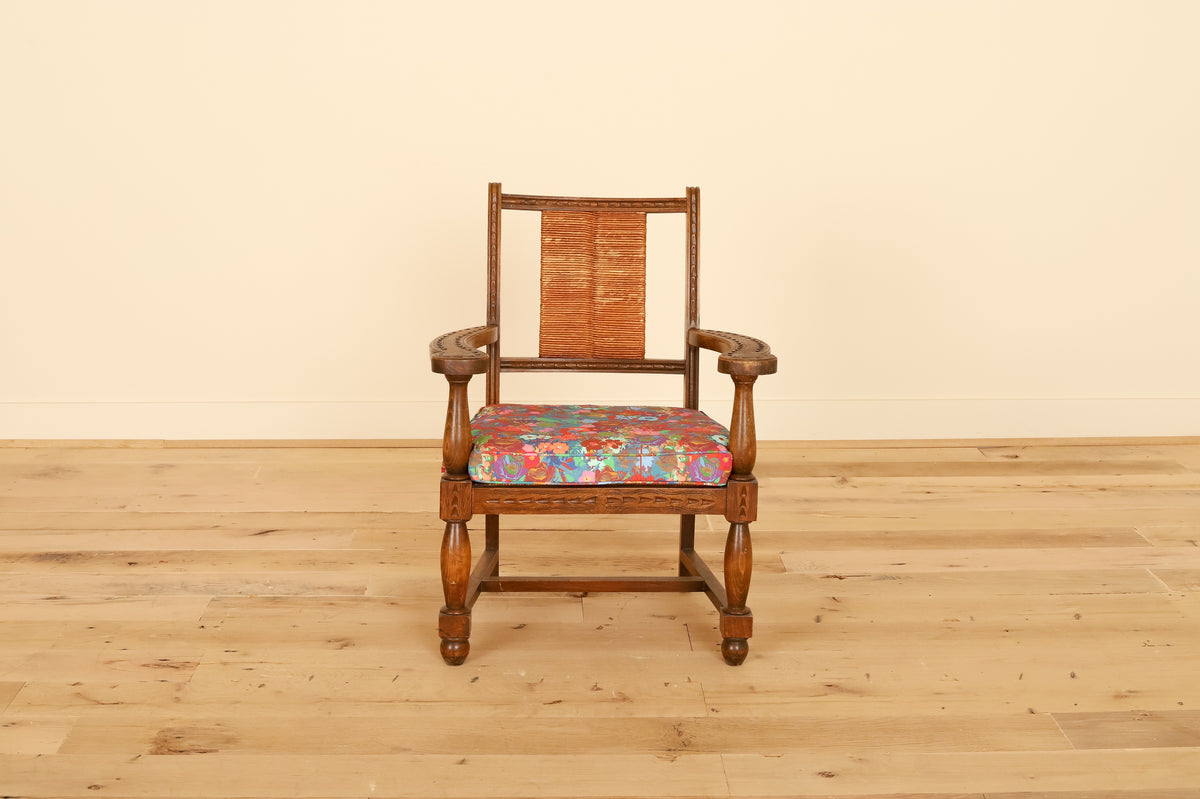 French Basque armchair with rush back in Kristy Stafford Textiles, front view