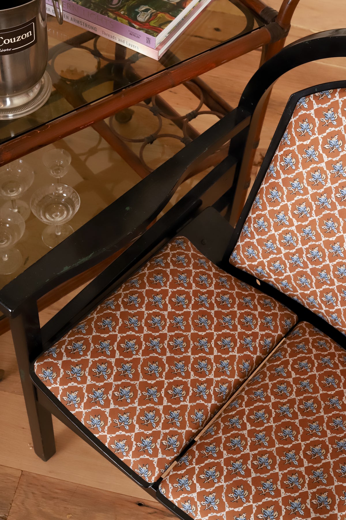 Black lacquered Baumann armchair in Leah O'Connell Textiles, detail