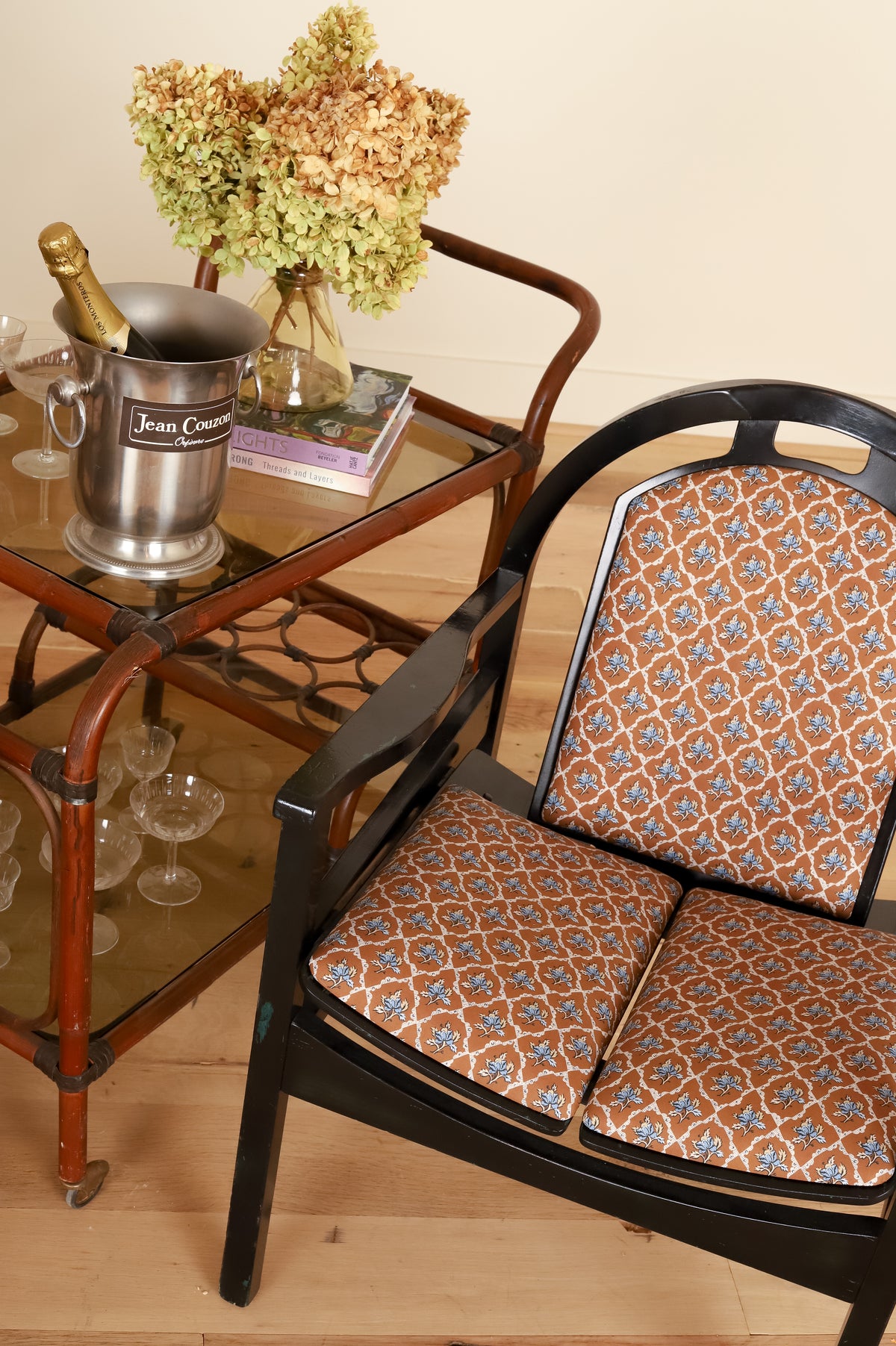 Black lacquered Baumann armchair in Leah O'Connell Textiles, detail