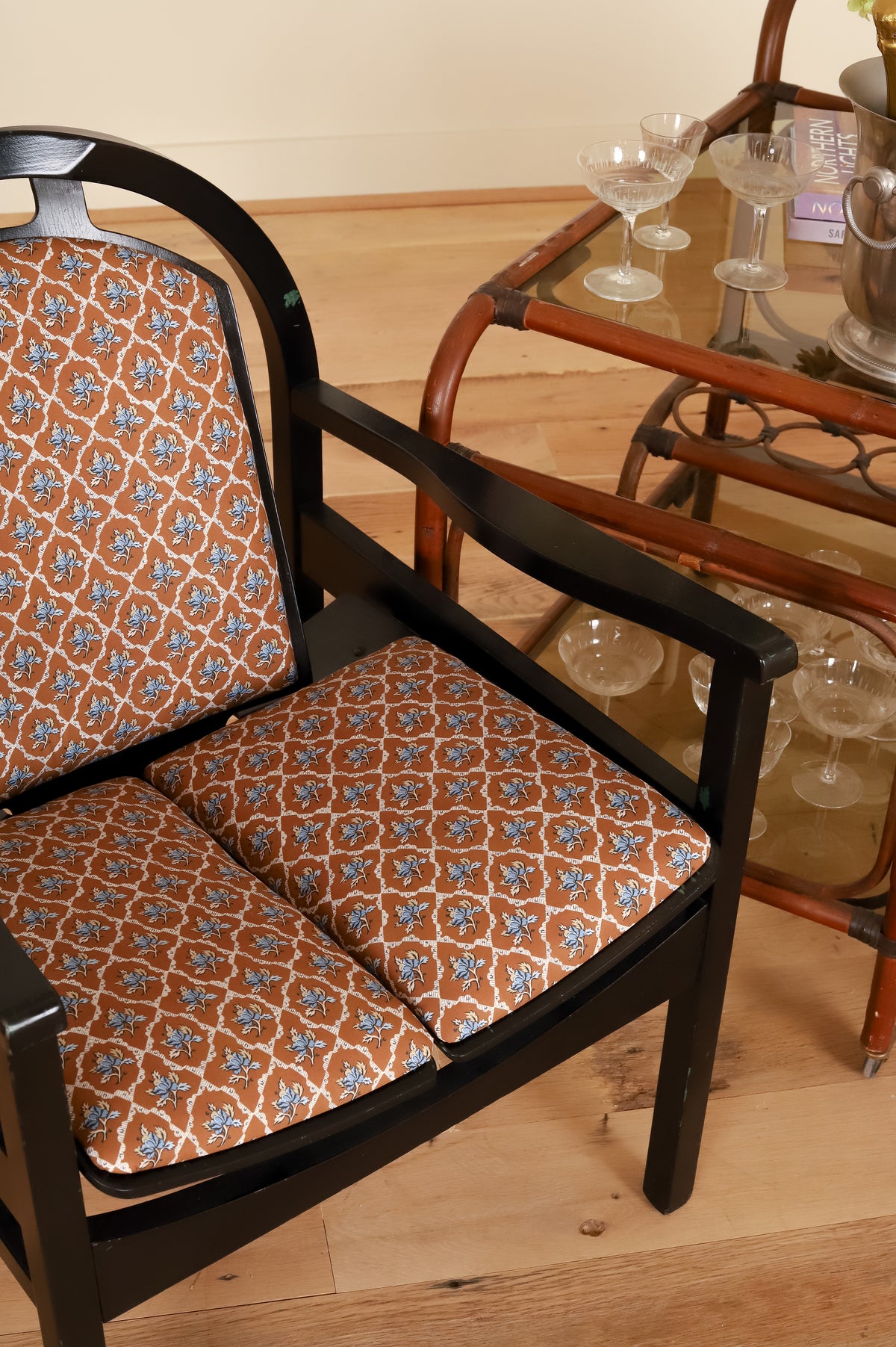 Black lacquered Baumann armchair in Leah O'Connell Textiles, detail