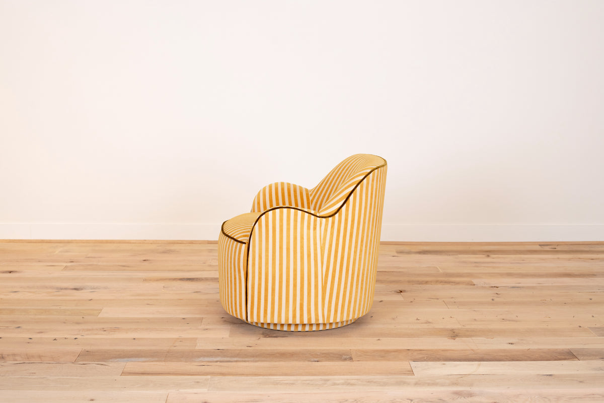Bitty Swivel Chair in Saffron Stripe with olive welt