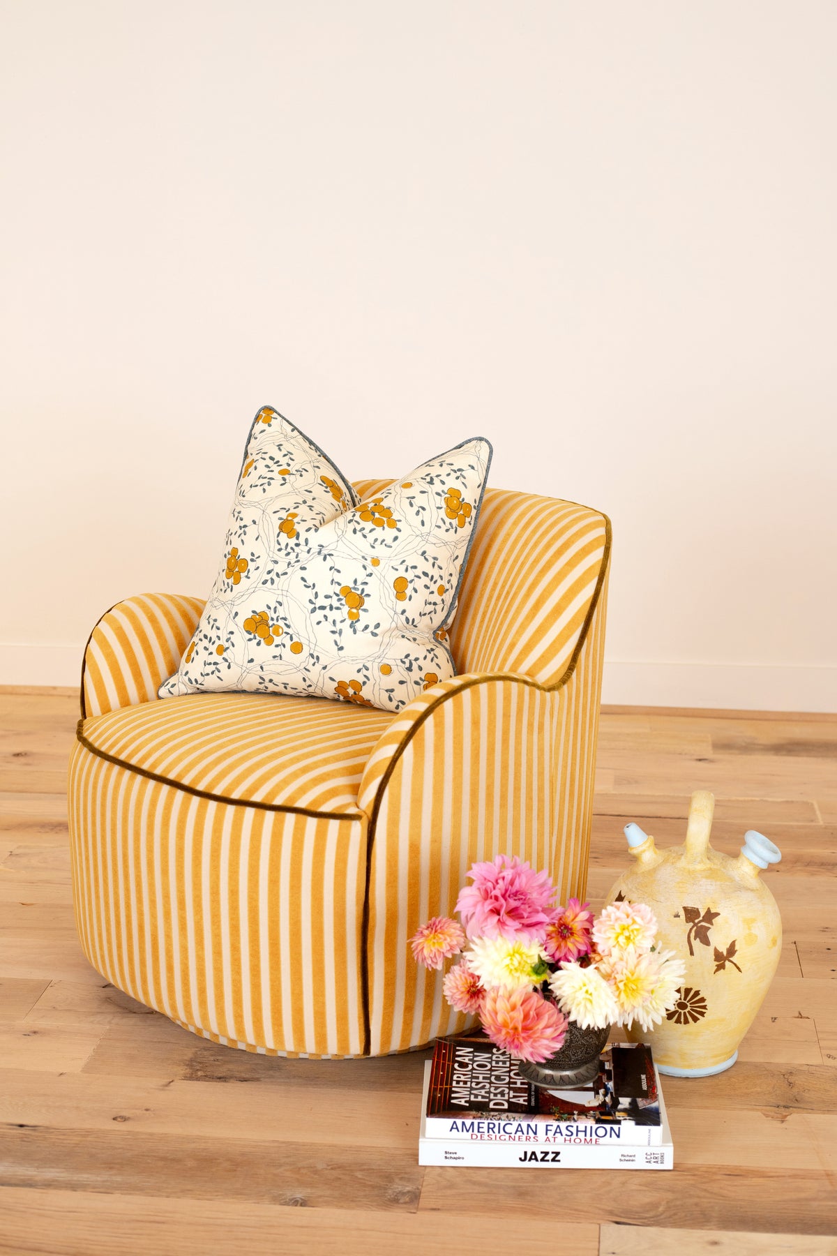 Bitty Swivel Chair in Saffron Stripe with olive welt, styled