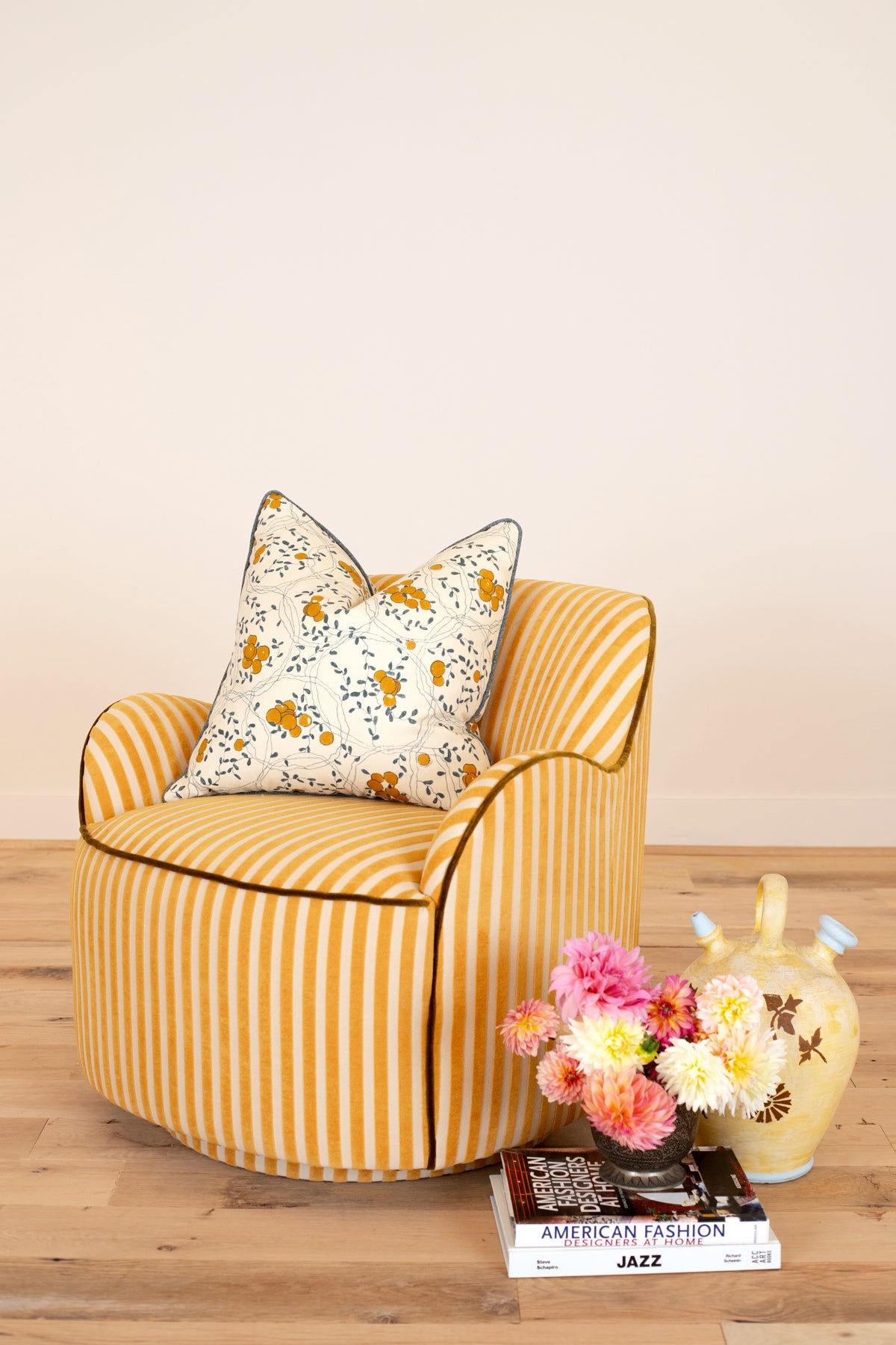Bitty Swivel Chair in Saffron Stripe with olive welt, styled