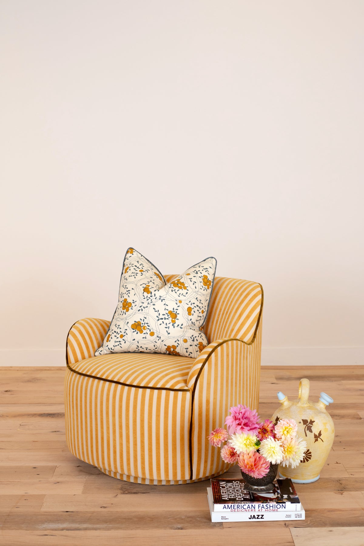Bitty Swivel Chair in Saffron Stripe with olive welt, styled