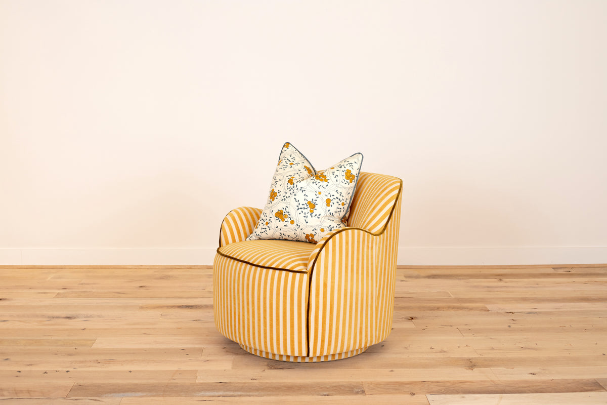 Bitty Swivel Chair in Saffron Stripe with olive welt