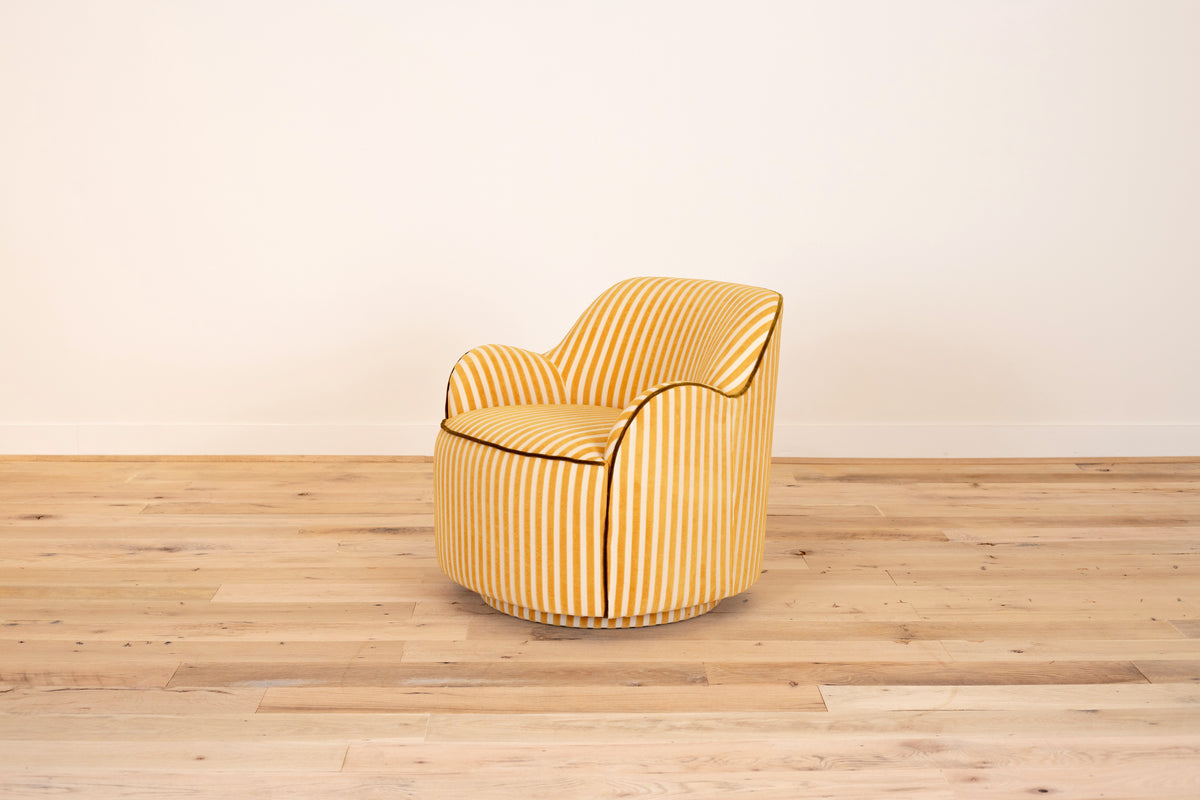 Bitty Swivel Chair in Saffron Stripe with olive welt