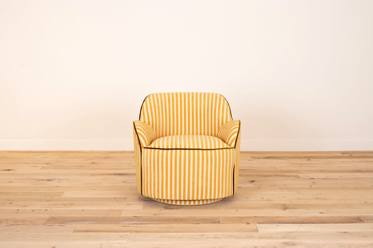 Bitty Swivel Chair in Saffron Stripe with olive welt