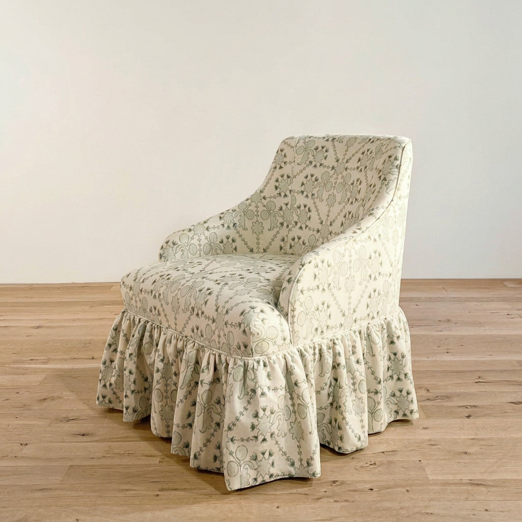 Eloise Chair with gathered skirt, three-quarter view