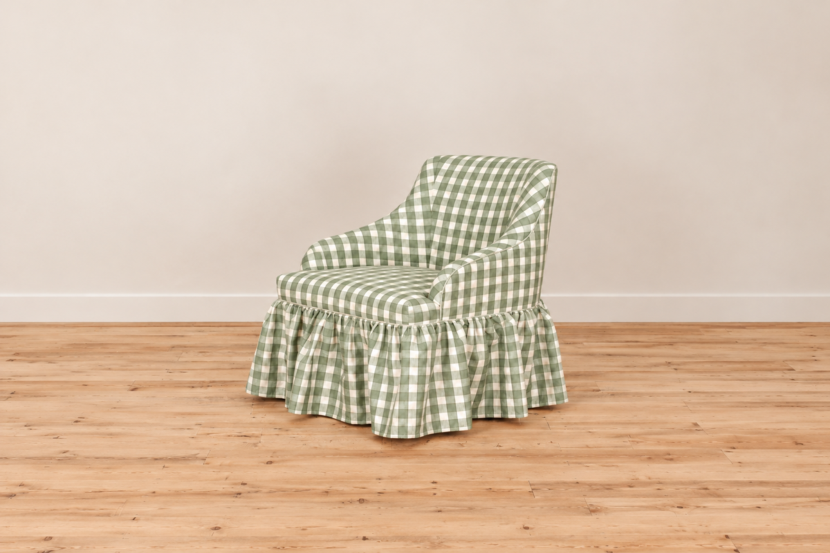 Eloise Chair in Wren Sage check, three-quarter view