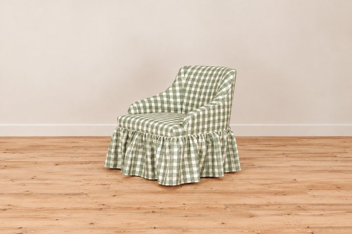 Eloise Chair in Wren Sage check, three-quarter view