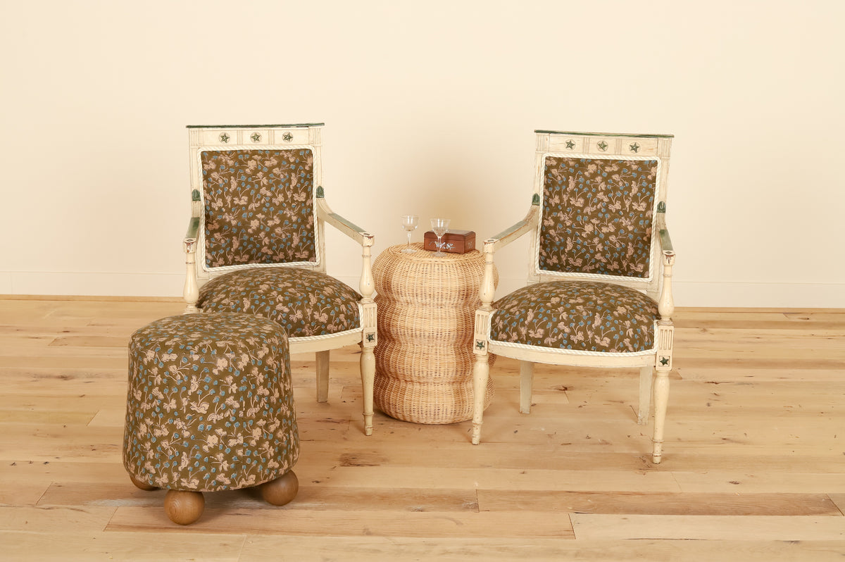 Flavia Ottoman in Allem Studio, styled with a pair of painted armchairs