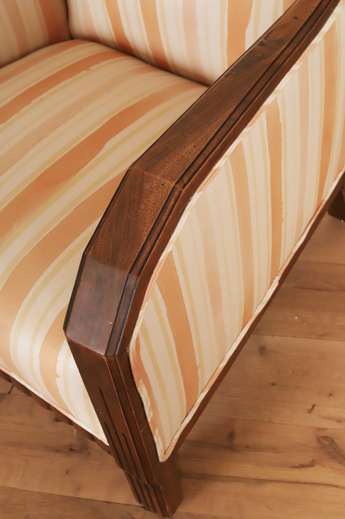 French Art Deco club chair in Work + Sea terracotta ticking, arm detail