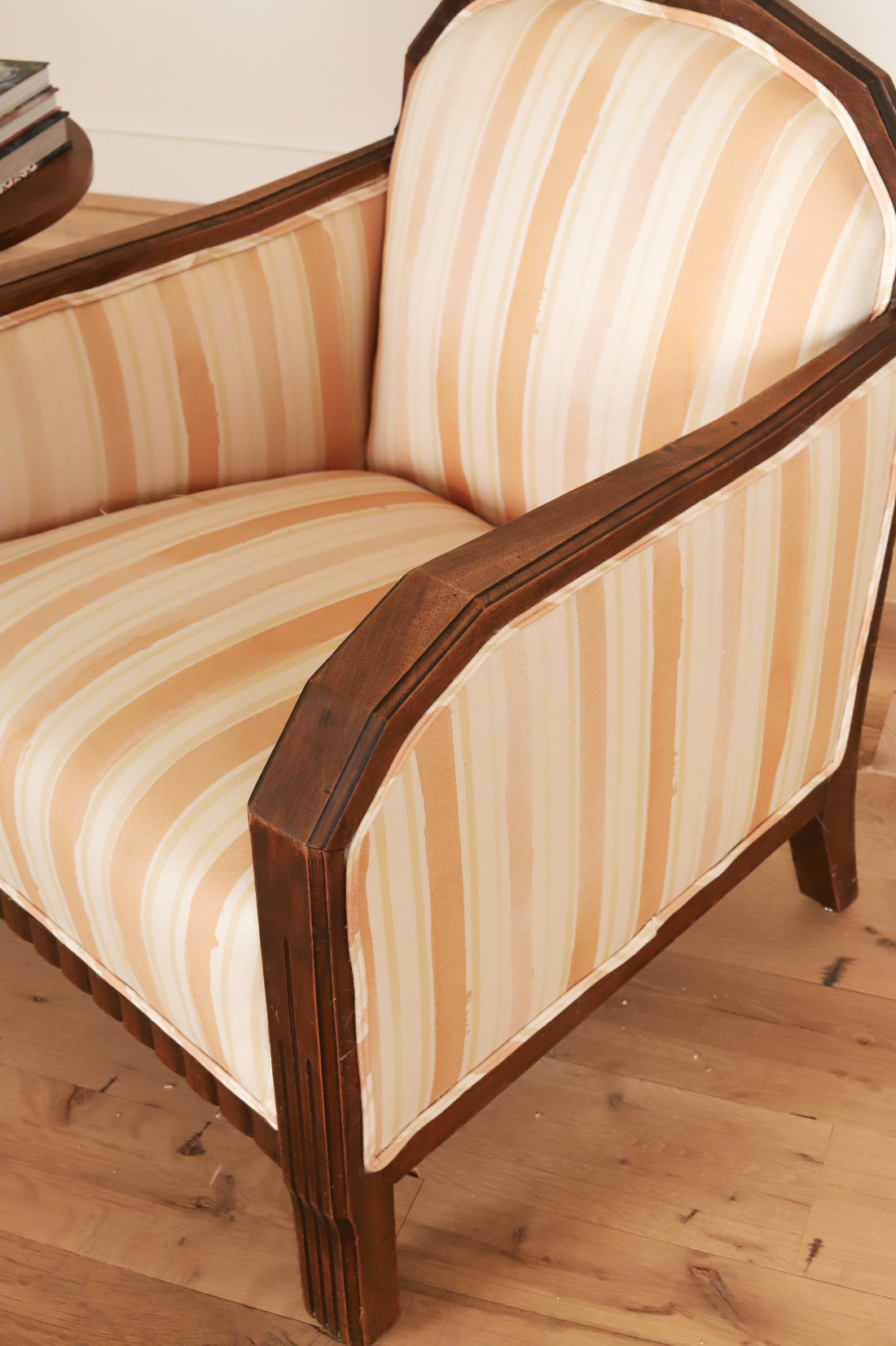 French Art Deco club chair in Work + Sea terracotta ticking, fabric and frame detail