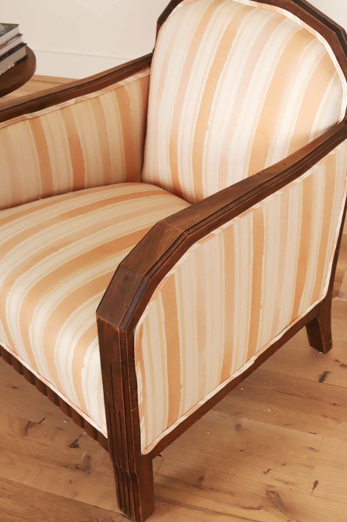 French Art Deco club chair in Work + Sea terracotta ticking, fabric and frame detail