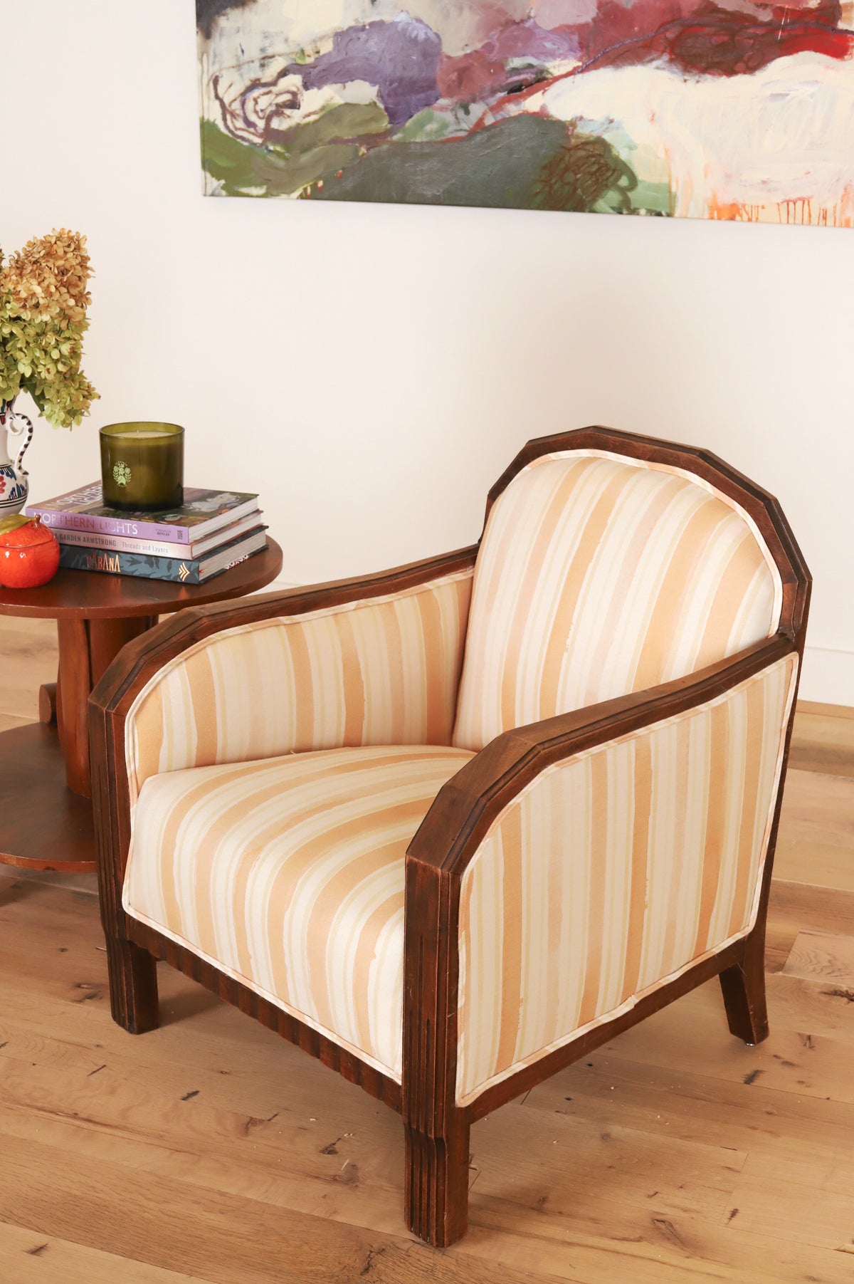 French Art Deco club chair in Work + Sea terracotta ticking, styled