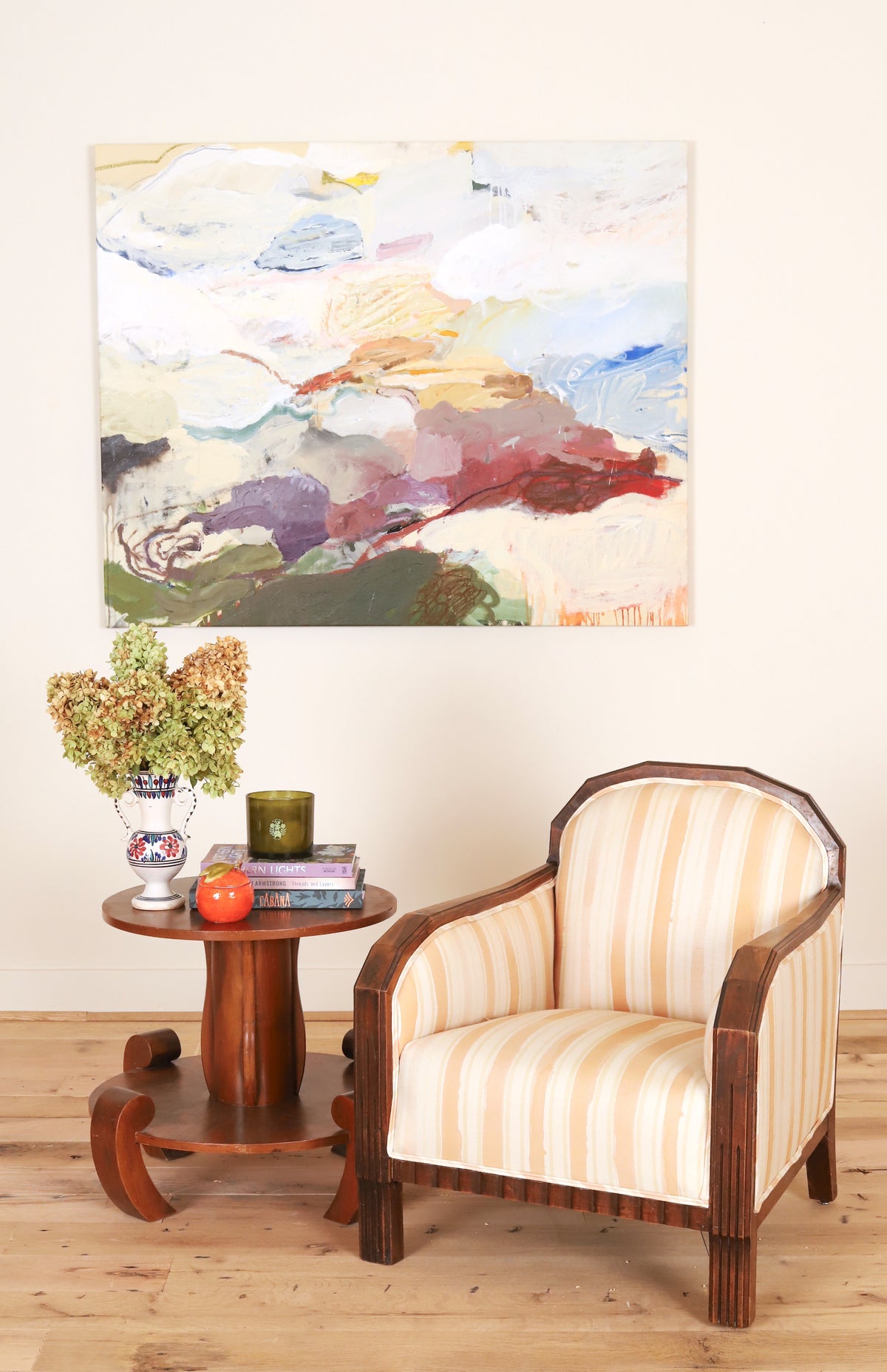 French Art Deco club chair in Work + Sea terracotta ticking, styled