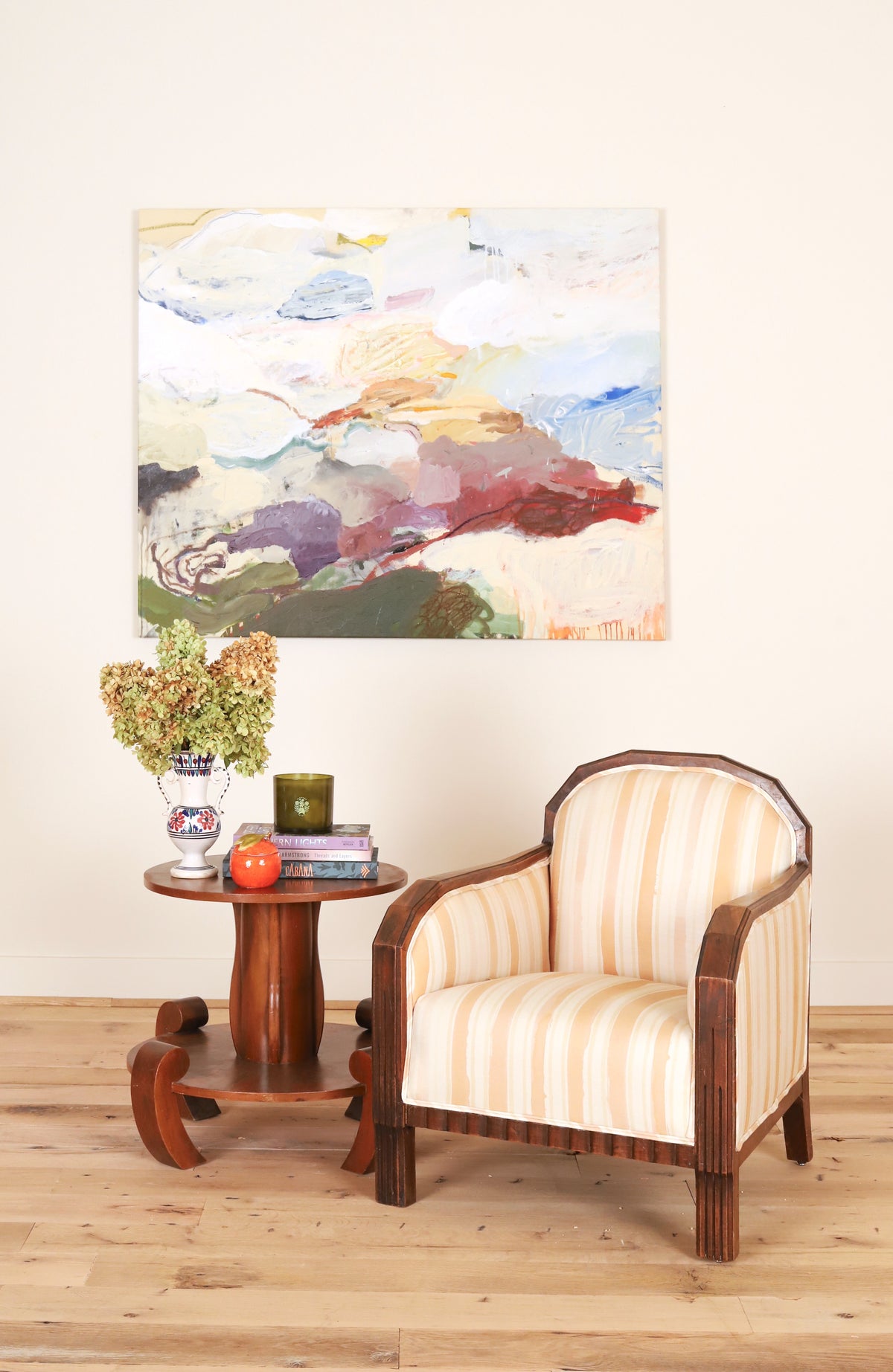 French Art Deco club chair in Work + Sea terracotta ticking, styled