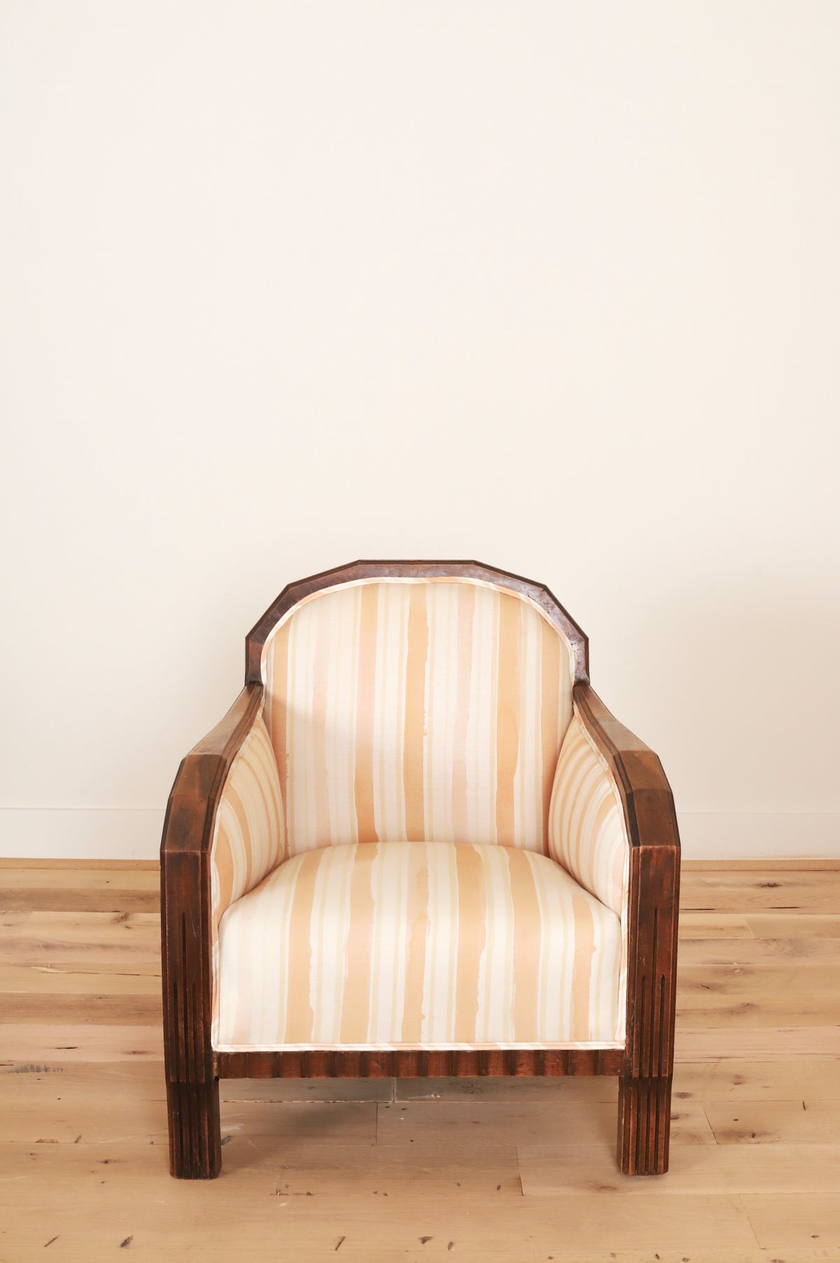 French Art Deco club chair in Work + Sea terracotta ticking, front