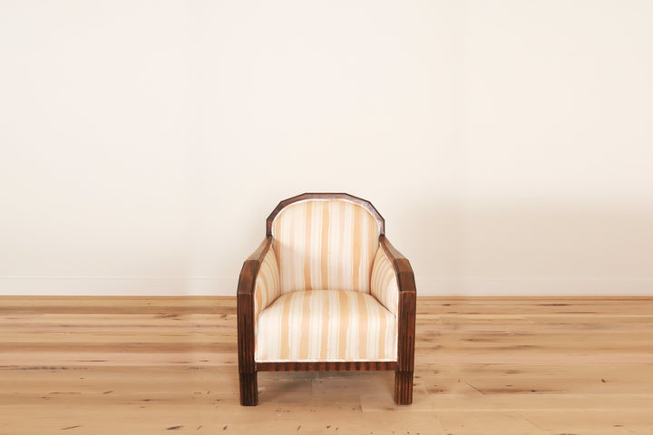 French Art Deco club chair in Work + Sea terracotta ticking, front