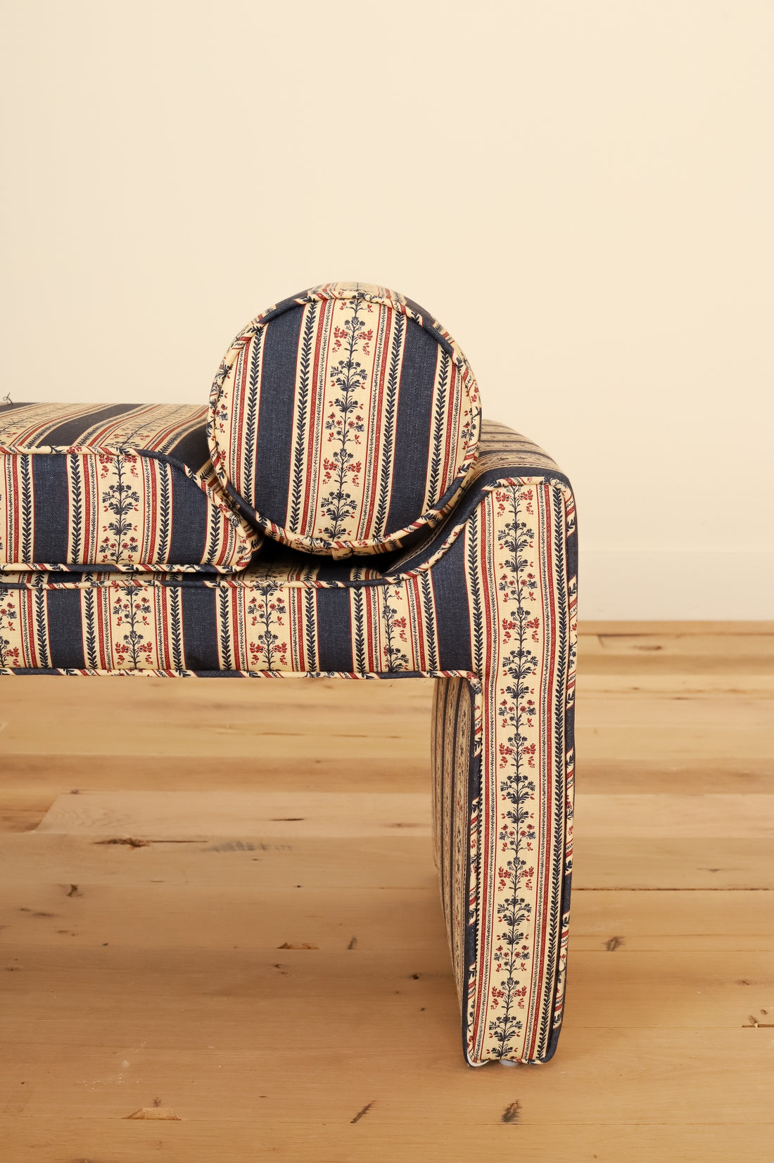 Georgia Bench in Barneby Gates Folk Stripe, Navy, bolster and panel leg detail