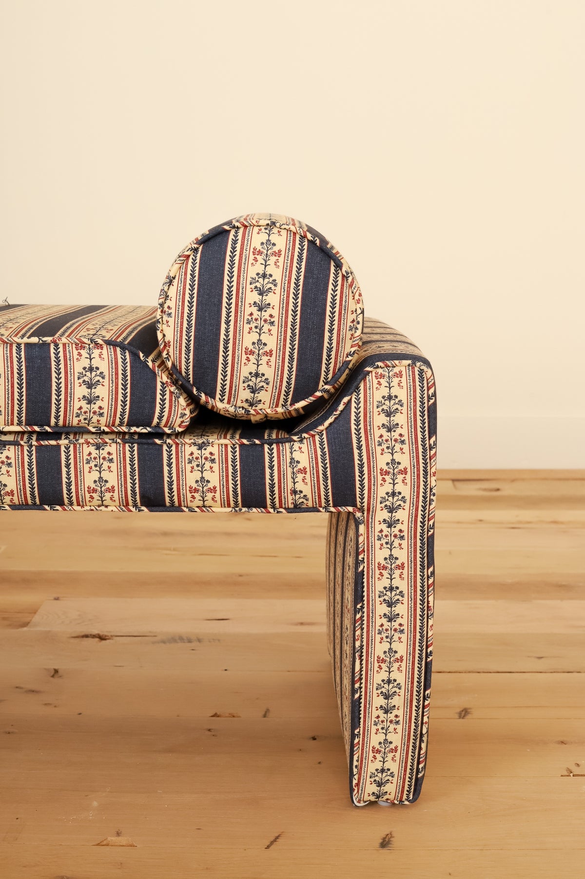 Georgia Bench in Barneby Gates Folk Stripe, Navy, bolster and panel leg detail