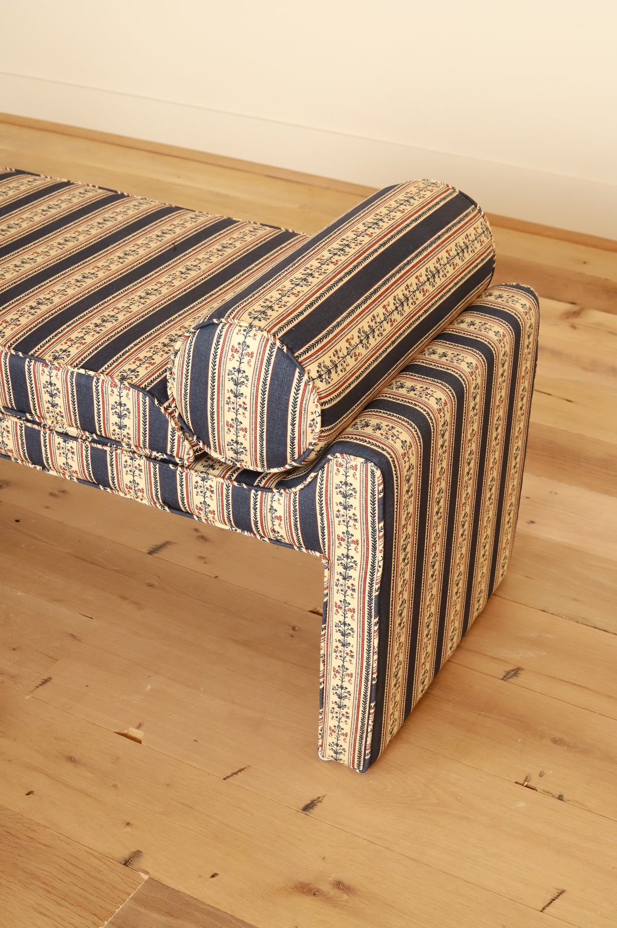 Georgia Bench in Barneby Gates Folk Stripe, Navy, end detail
