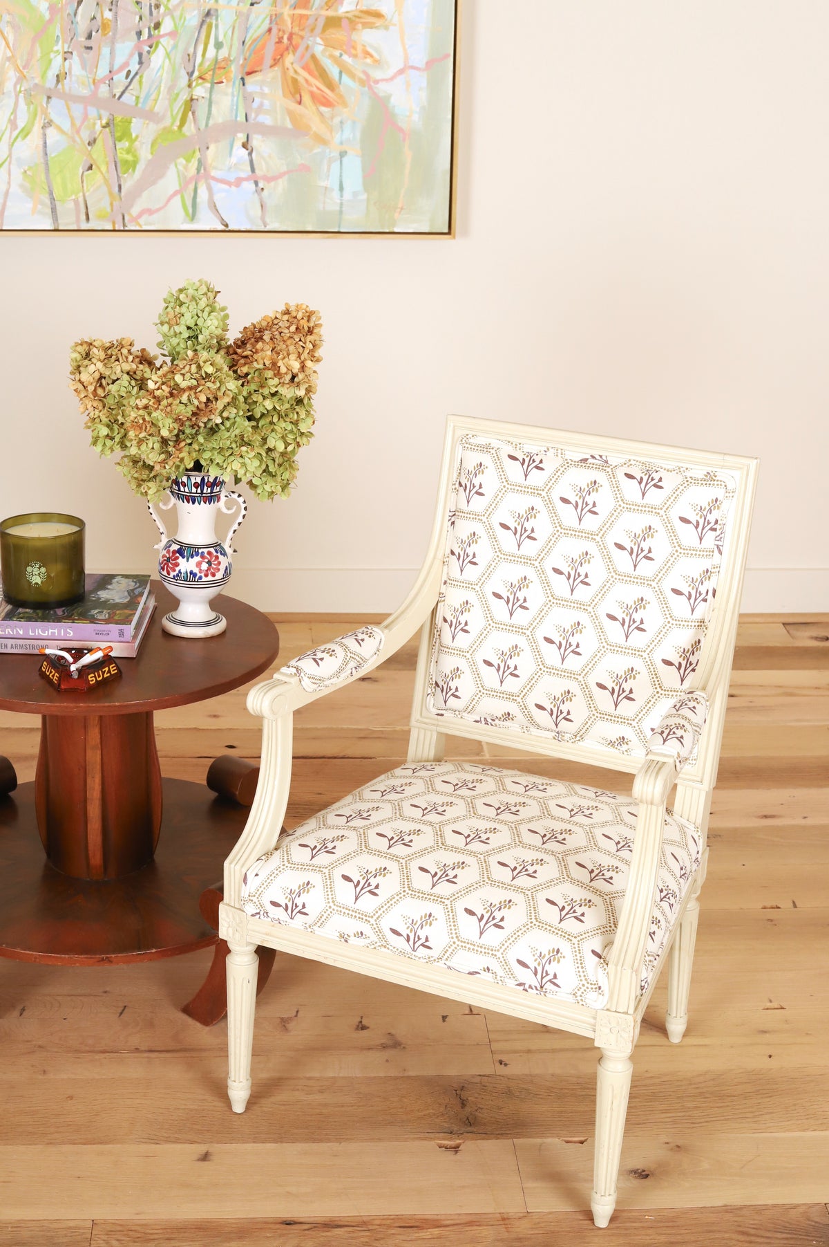 Louis XVI style painted armchair in Greige Enid, side angle