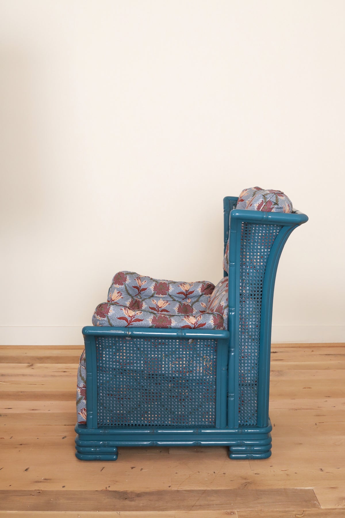 Pair of Italian bamboo framed wing armchairs in Leah O'Connell Astrid, Mulberry, side