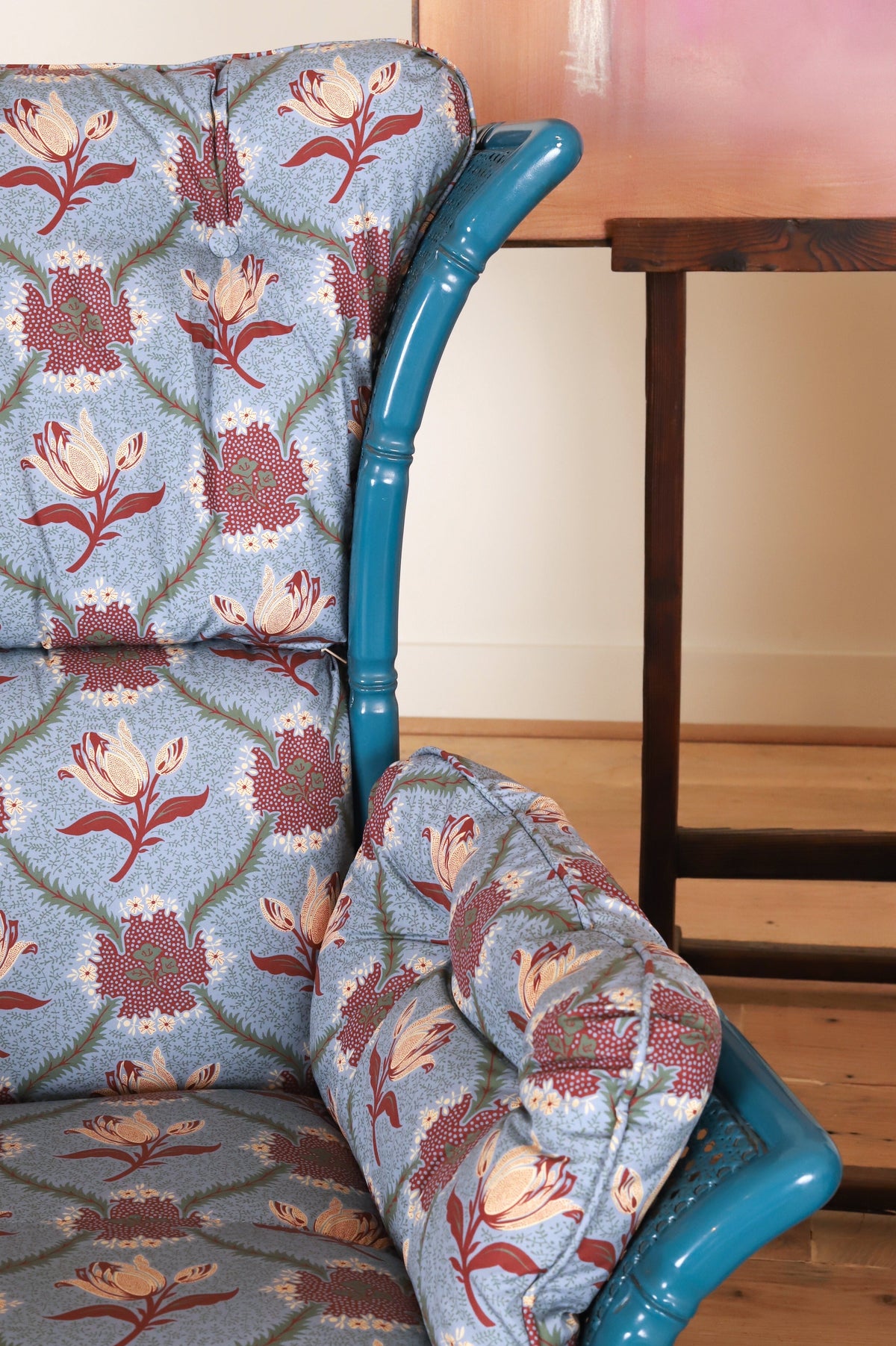 Pair of Italian bamboo framed wing armchairs in Leah O'Connell Astrid, Mulberry, back cushion and wing detail