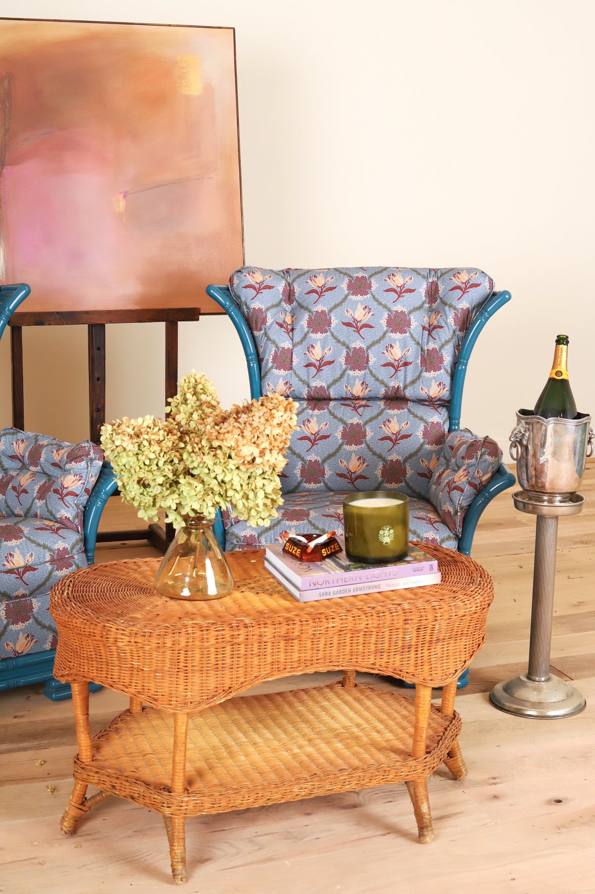 Pair of Italian bamboo framed wing armchairs in Leah O'Connell Astrid, Mulberry, styled