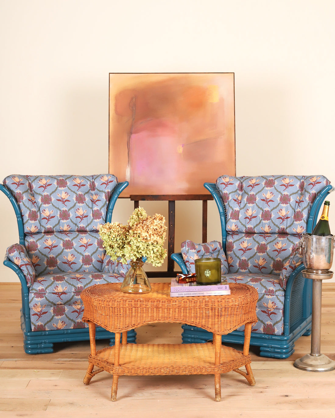 Pair of Italian bamboo framed wing armchairs in Leah O'Connell Astrid, Mulberry, styled