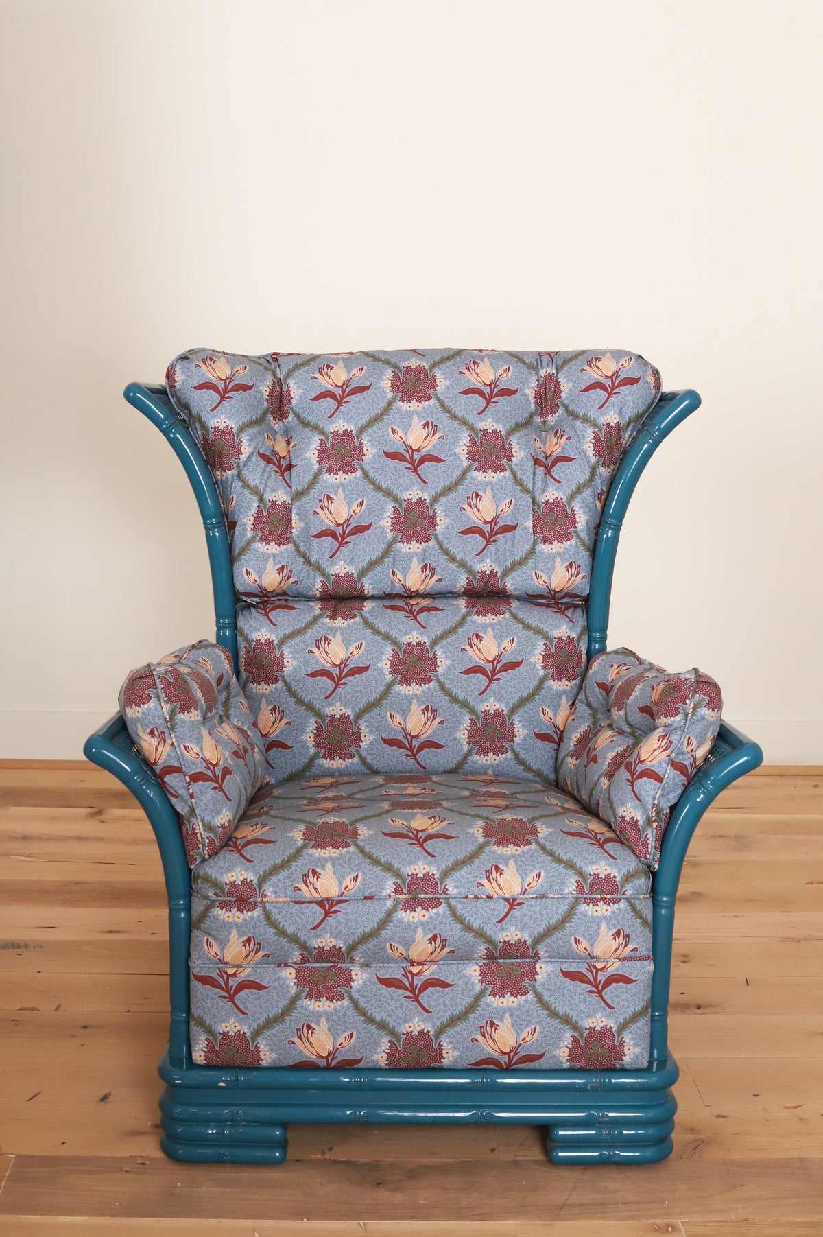 Pair of Italian bamboo framed wing armchairs in Leah O'Connell Astrid, Mulberry, front