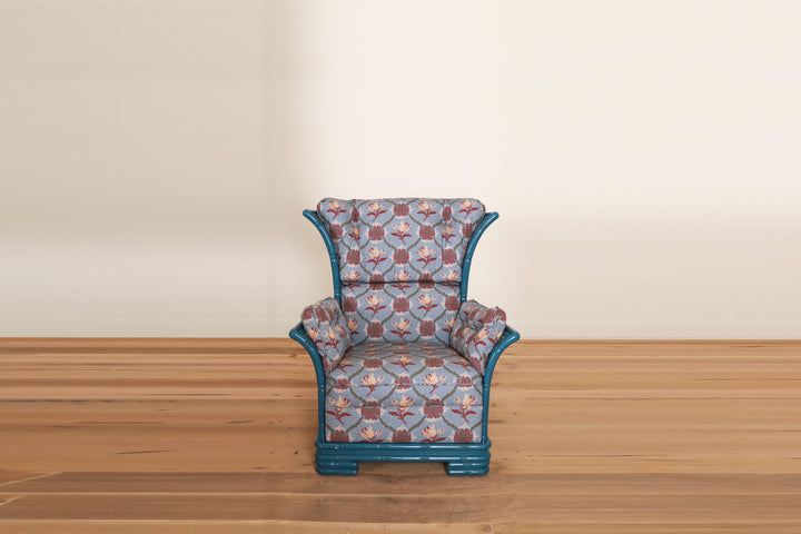 Pair of Italian bamboo framed wing armchairs in Leah O'Connell Astrid, Mulberry, front
