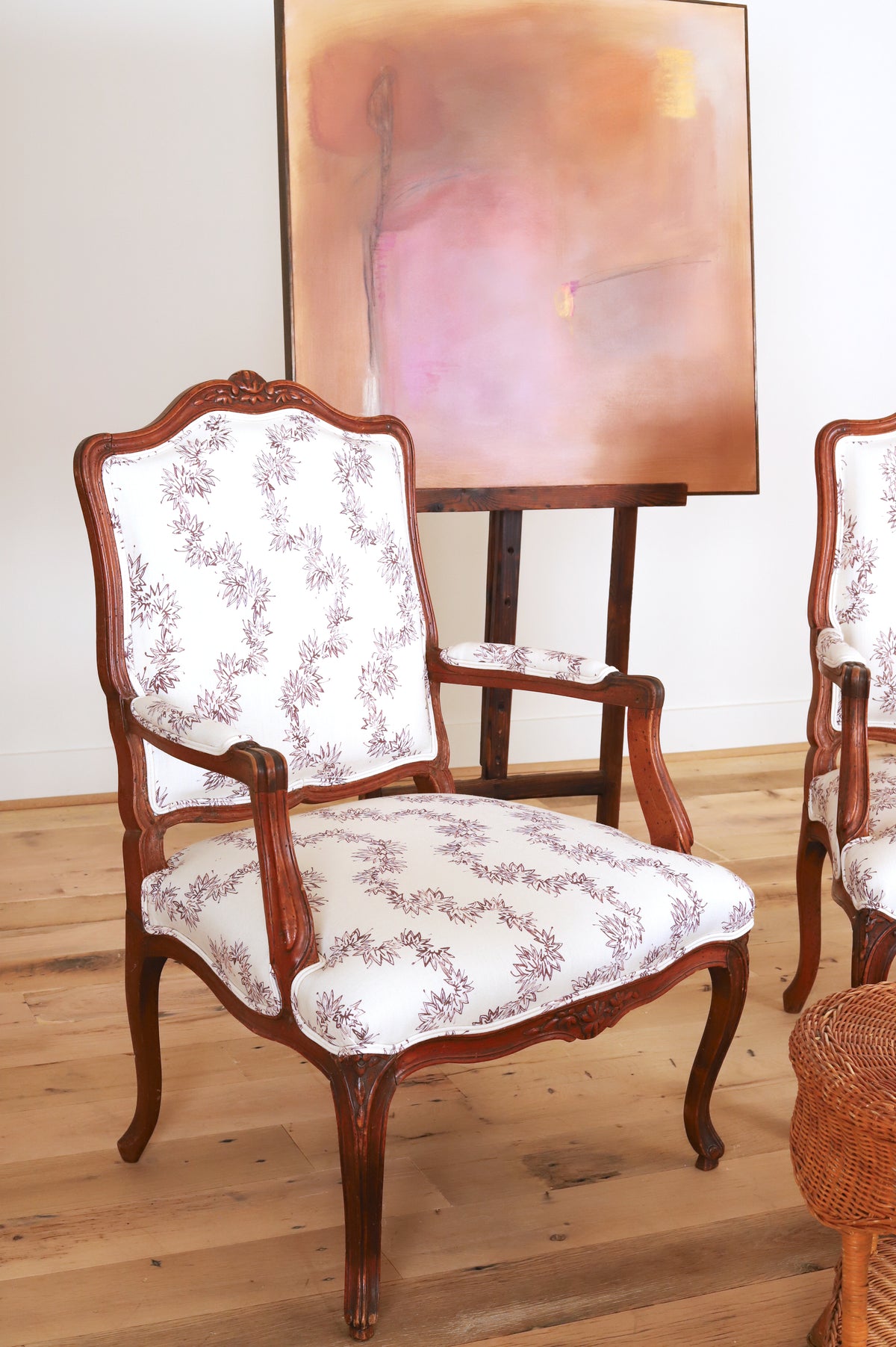 Pair of Louis XV armchairs à la reine in Quercus & Co. Meander Cherry, single chair, styled