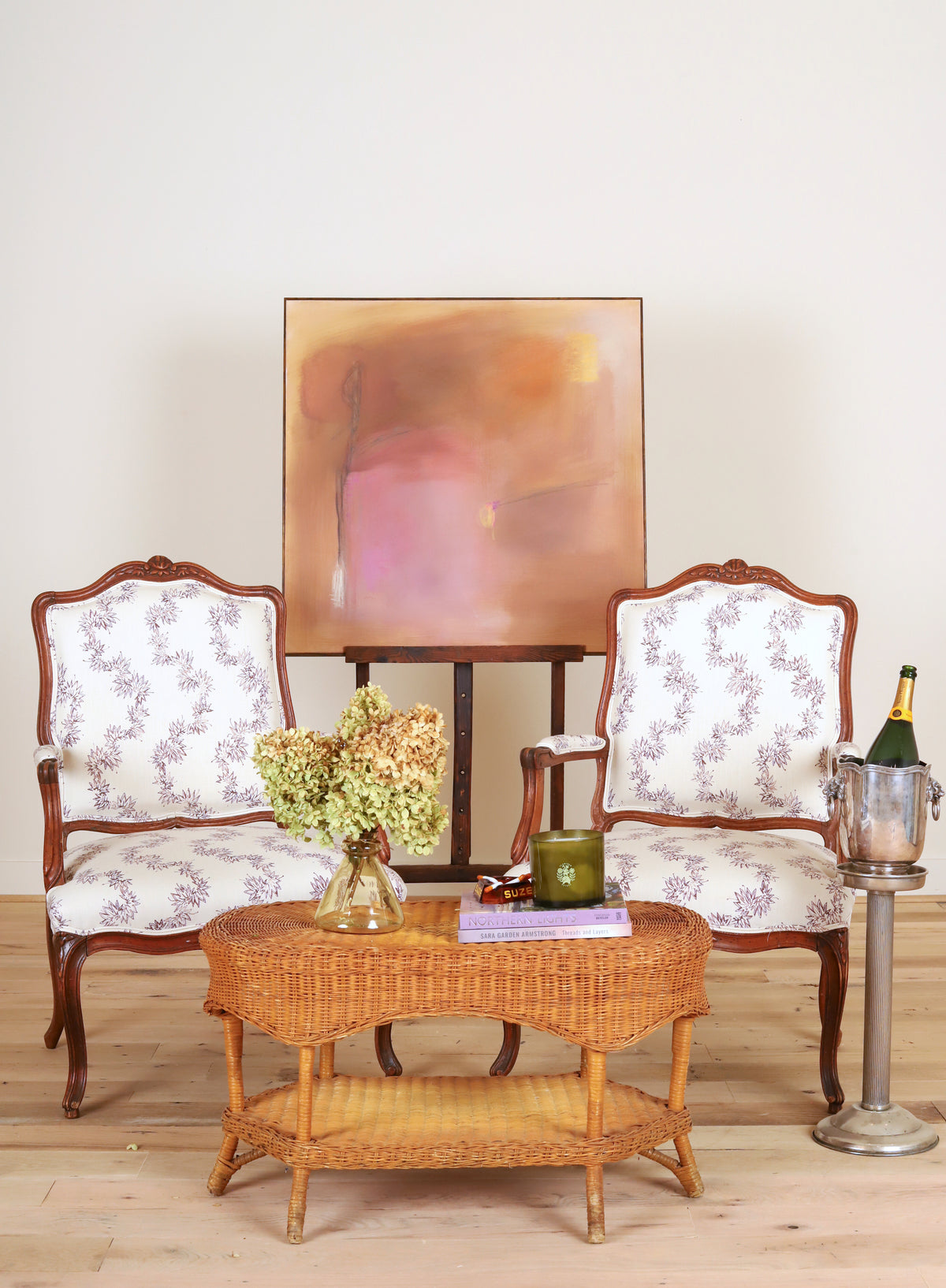 Pair of Louis XV armchairs à la reine in Quercus & Co. Meander Cherry, pair, styled