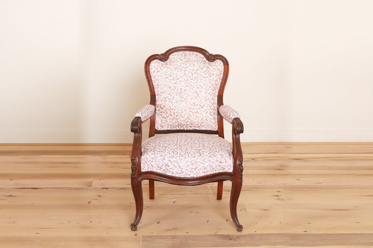 Pair of carved walnut Louis XV style armchairs in Quercus & Co Bower, Damson, front