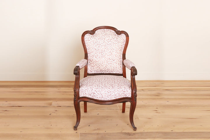 Pair of carved walnut Louis XV style armchairs in Quercus & Co Bower, Damson, front