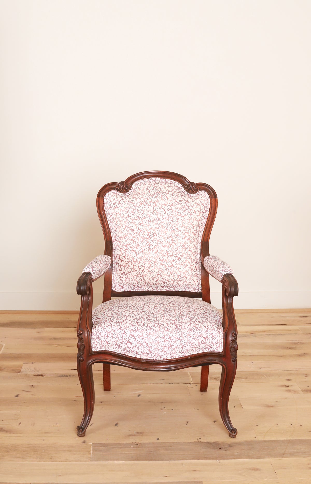 Pair of carved walnut Louis XV style armchairs in Quercus & Co Bower, Damson, front