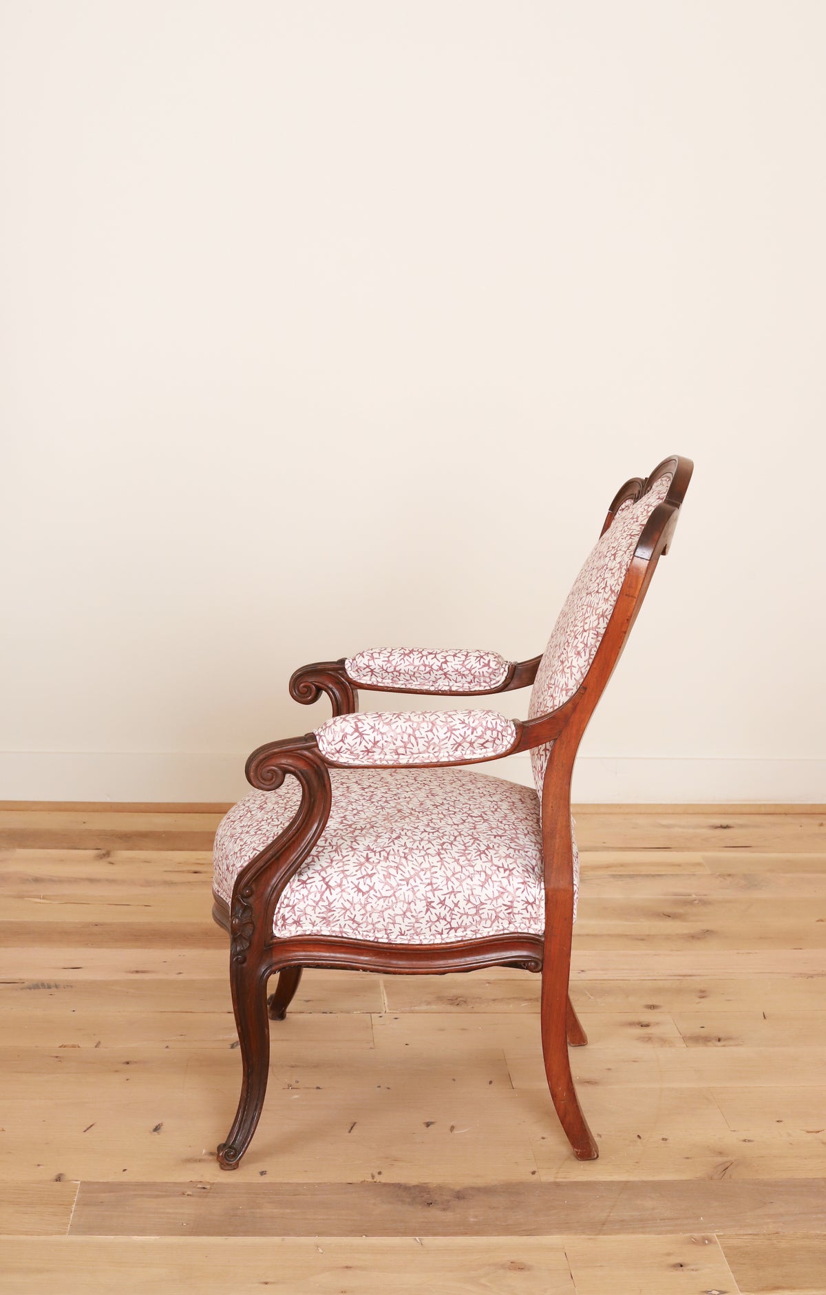 Pair of carved walnut Louis XV style armchairs in Quercus & Co Bower, Damson, side