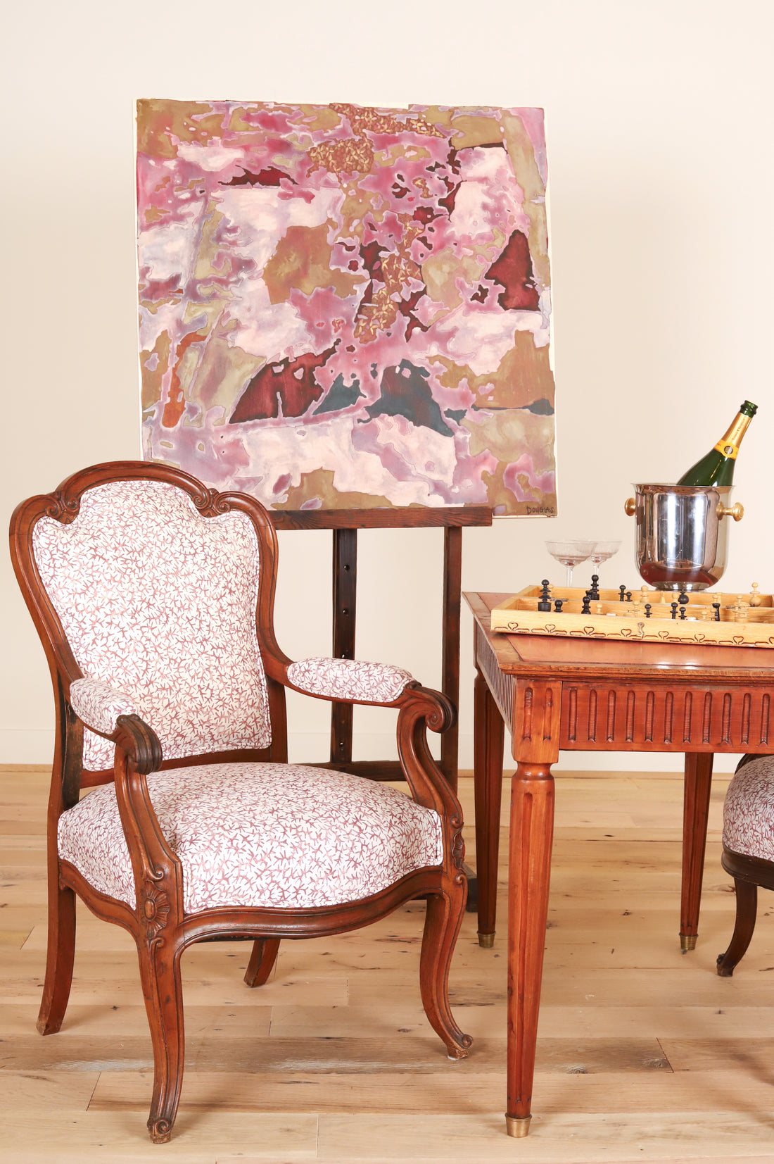 Pair of carved walnut Louis XV style armchairs in Quercus & Co Bower, Damson, styled
