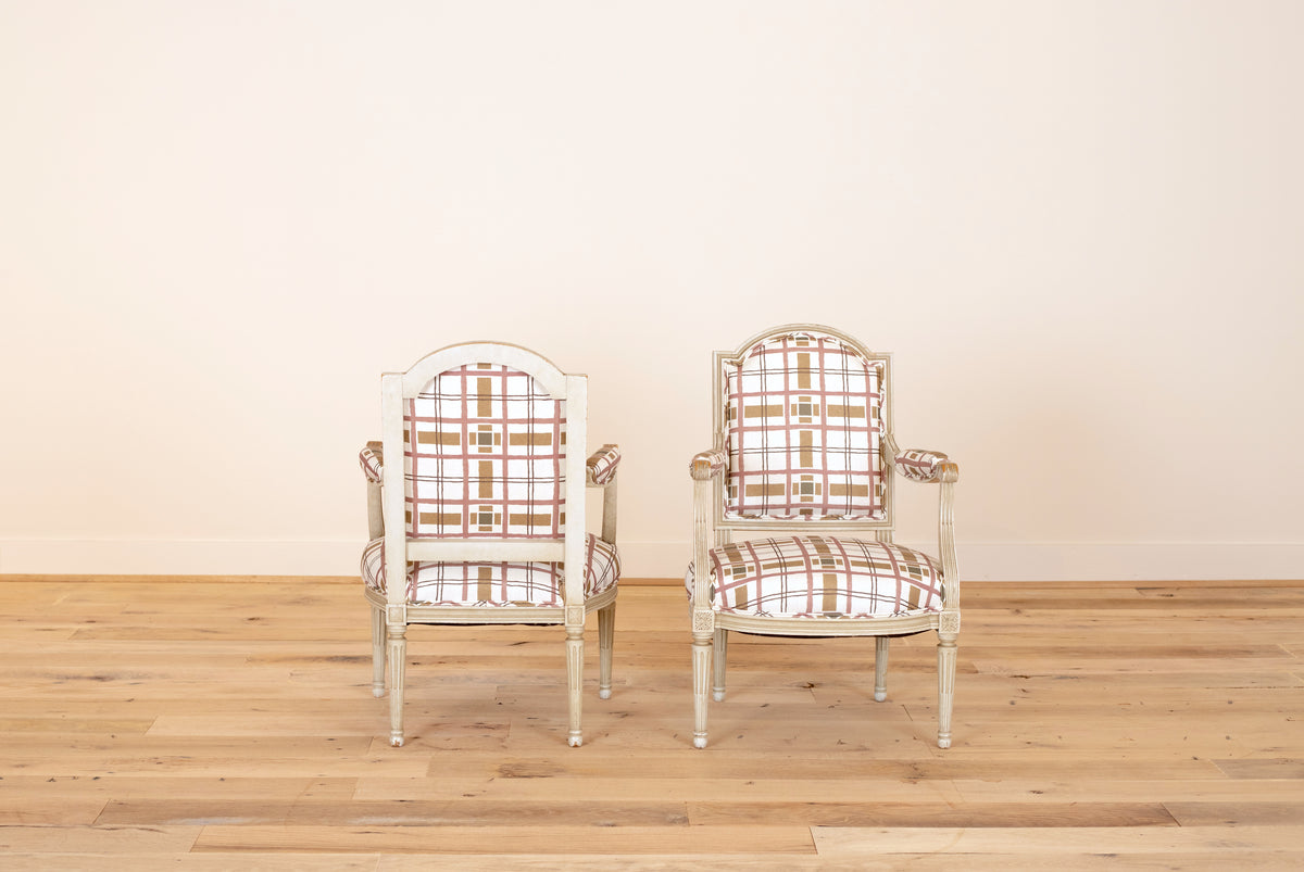 Pair of Louis XVI style armchairs in Erika M. Powell Hannah's Plaid, Fiesta