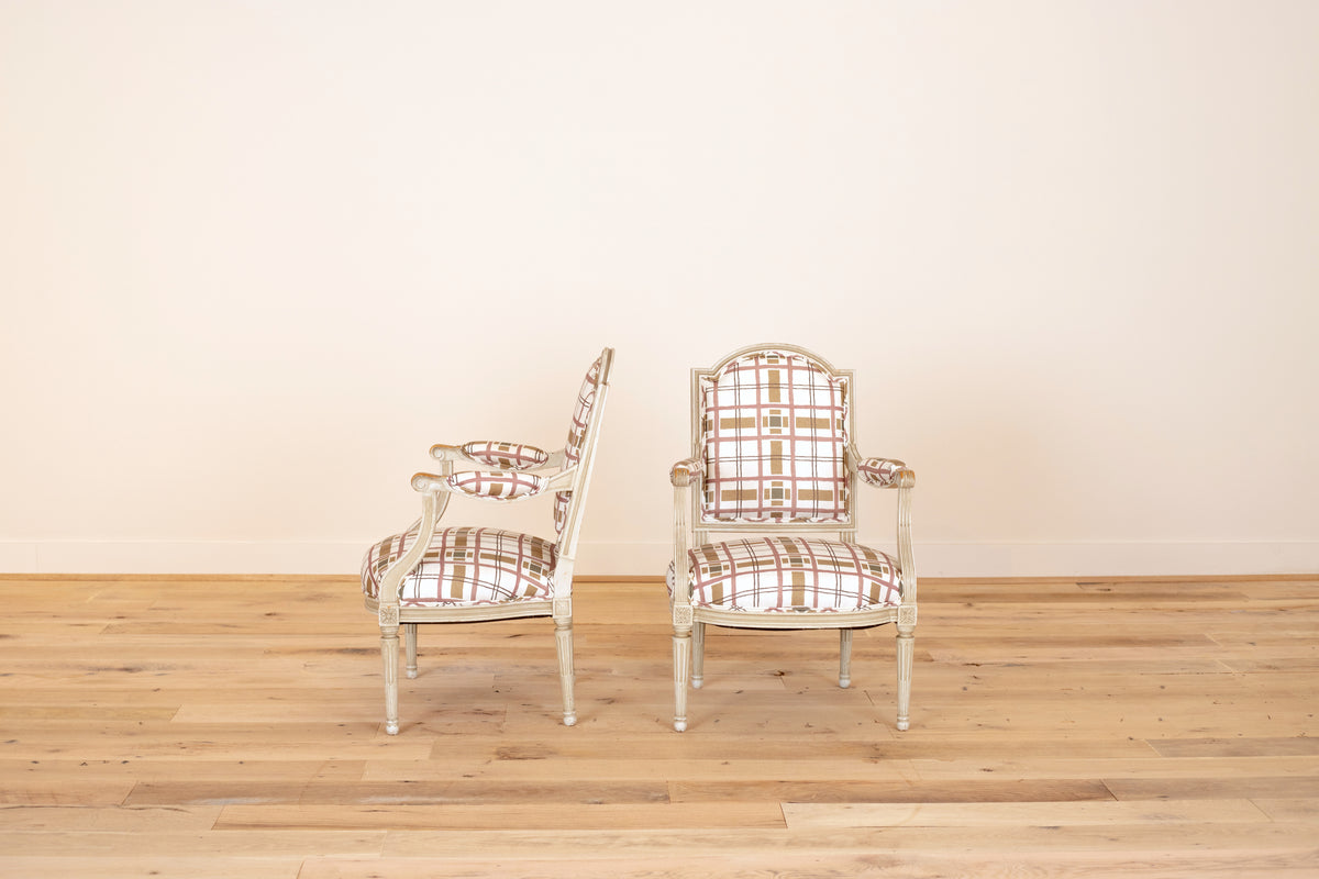 Pair of Louis XVI style armchairs in Erika M. Powell Hannah's Plaid, Fiesta