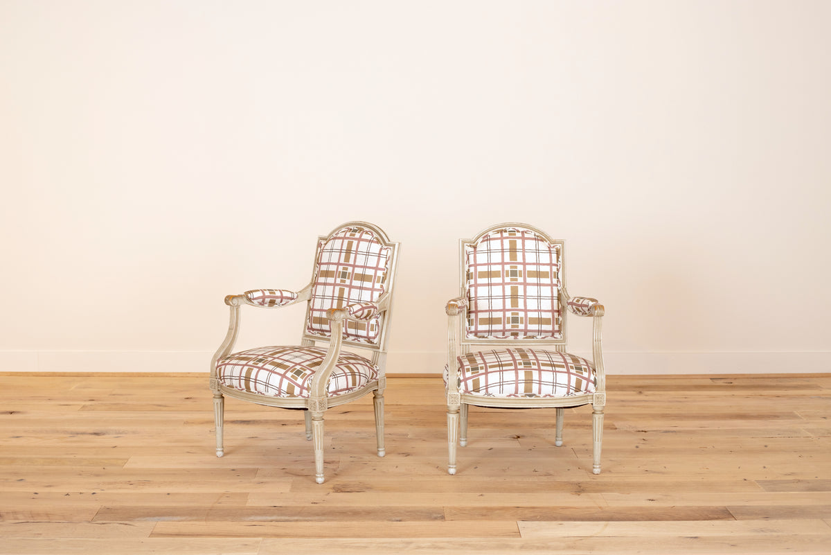 Pair of Louis XVI style armchairs in Erika M. Powell Hannah's Plaid, Fiesta